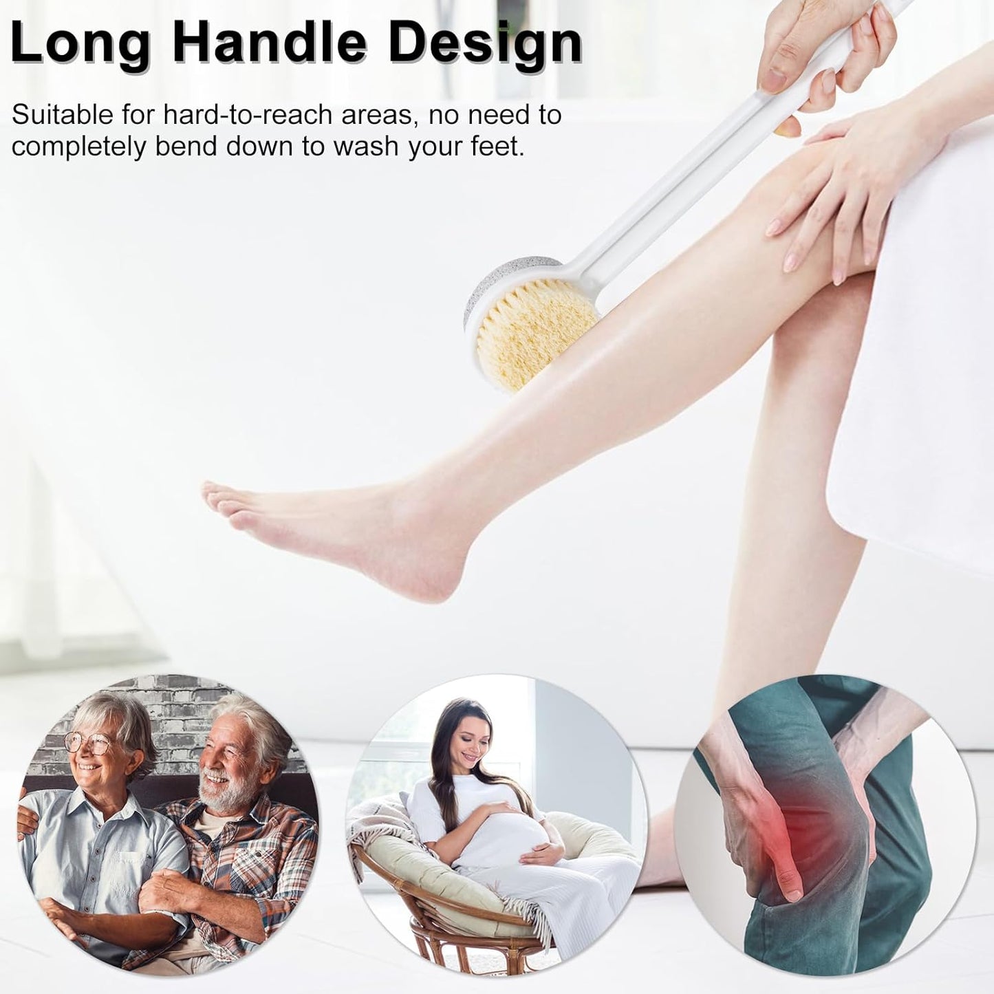 Pumice Stone for Feet and Shower Brush with Long Handle, 3Pcs Hard Skin Callus Remover, 2 in 1 Foot Scrubber Brush, Back Scrubber Body Brush for Shower Deep Cleansing and Exfoliating, Straight