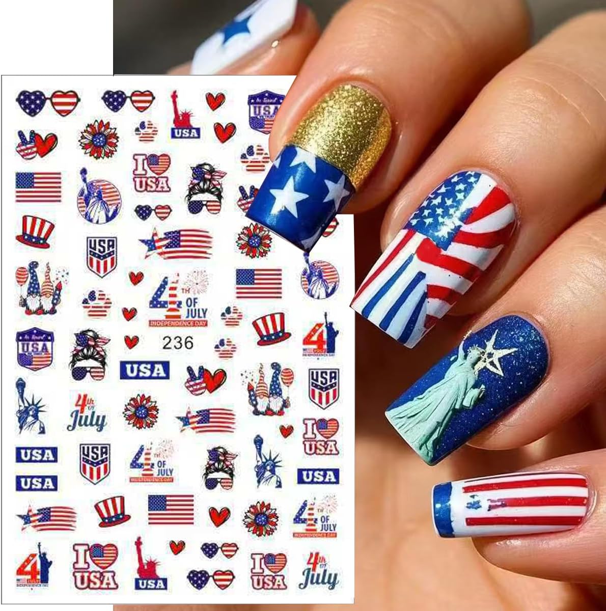 6Pcs/Celebrate 4th of July Nail Stickers for Nail Art Set - Independence Day Fireworks USA America UK Flags Adhesive Nail Art Sticker Decals DIY Patriotic Manicure Sliders Decorations Supplies