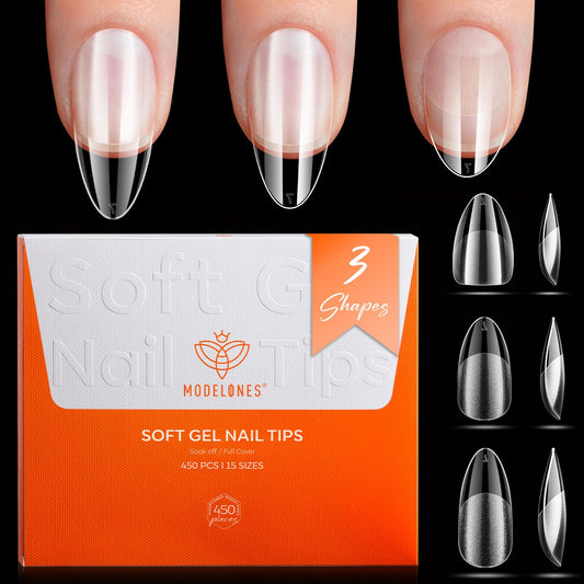 Modelones Medium & Short & Extra Short Almond Nail Tips - Multi-type 3 Styles Set Gel Tips Half Matte Full Cover Clear Acrylic Gel Kit Fake Nails for Extension DIY Salon 450Pcs 15Sizes