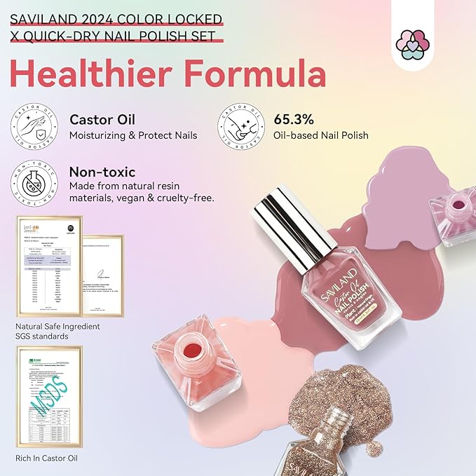 SAVILAND Quick Dry Nail Polish: 6Pcs Hot Sheer Color Fingernail Polish Set Neutral Solid Color Pink Nudes Glitter Nail Polish Kit Castor Oil Non Gel Nail Lacquer Finger Toe Nail Art Home DIY Gift Set