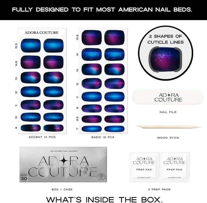 Semi Cured Gel Nail Strips with 30 Pieces - UV Gel Stickers, Manicure Kit, Easy Application Wraps Includes Prep Pads, Nail File, Wooden Stick - UV Light Required (Constellation)