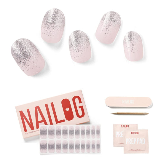 NAILOG Semi Cured Gel Nail Strips, Extra Long Glitter Nail Polish Strips (20 Pieces), Buy 2 Get 1 UV Lamp, Long Lasting Gel Nails with Soft Glossy Gel Finish, Ballerina