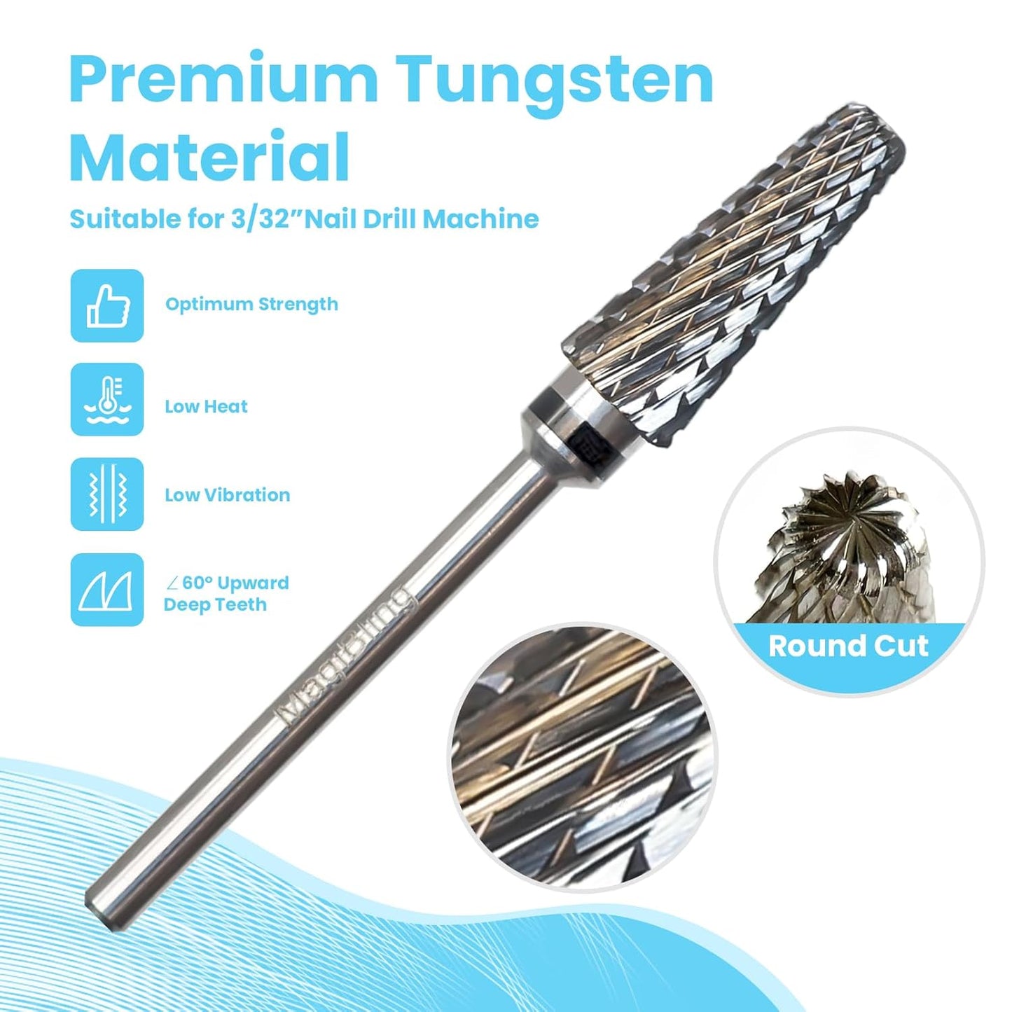 Super Cut 5 In 1 Nail Drill Bits, Tapered Barrel 3/32'' Safety Tungsten Bits, Upward Cut for Hard Gel Removal, Right Hand Use, Manicure Cuticle Gel Polishing, Technicians Bits, Extra Coarse.