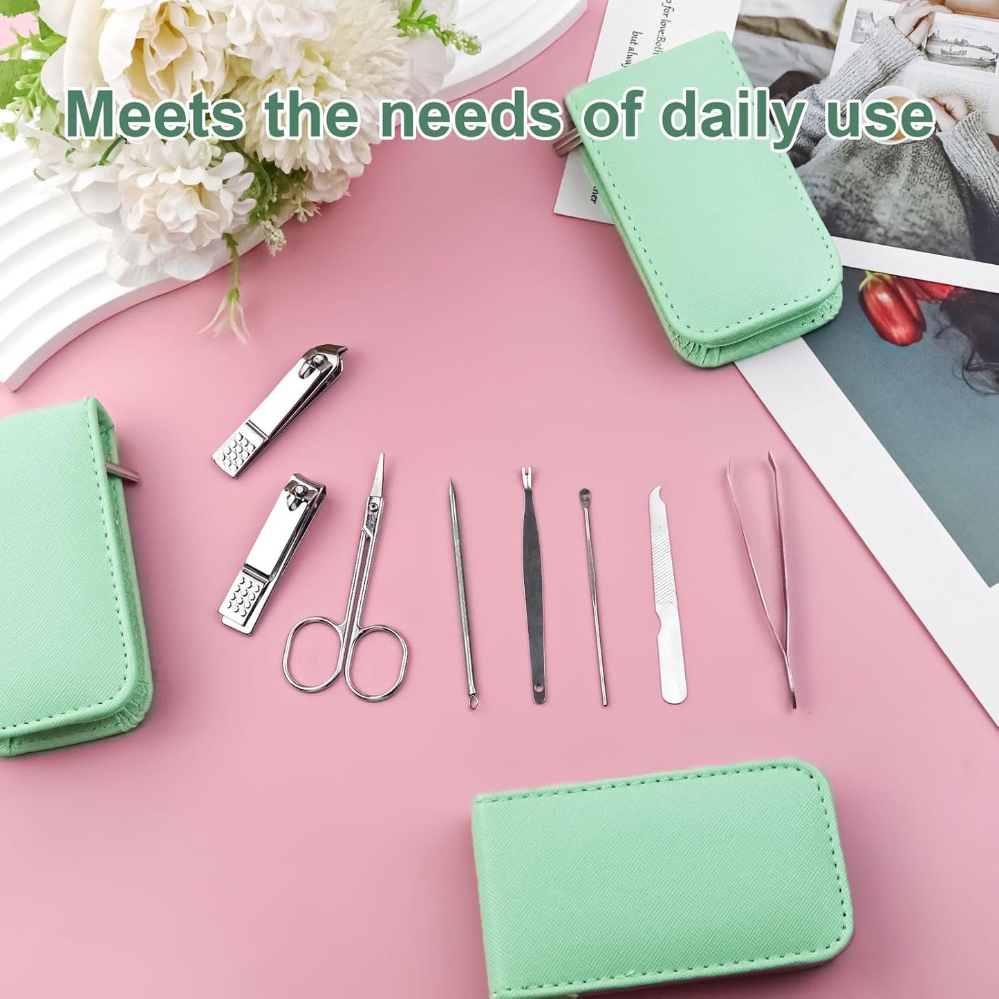 Manicure Set Bulk, Nail Clippers Kit Stainless Steel Fingernail Clippers Set, Sturdy Nail Tip Cutter Trimmers Professional Grooming Toenail Clippers Personal Pedicure Kits 8 in 1 (Green 12 Pack)