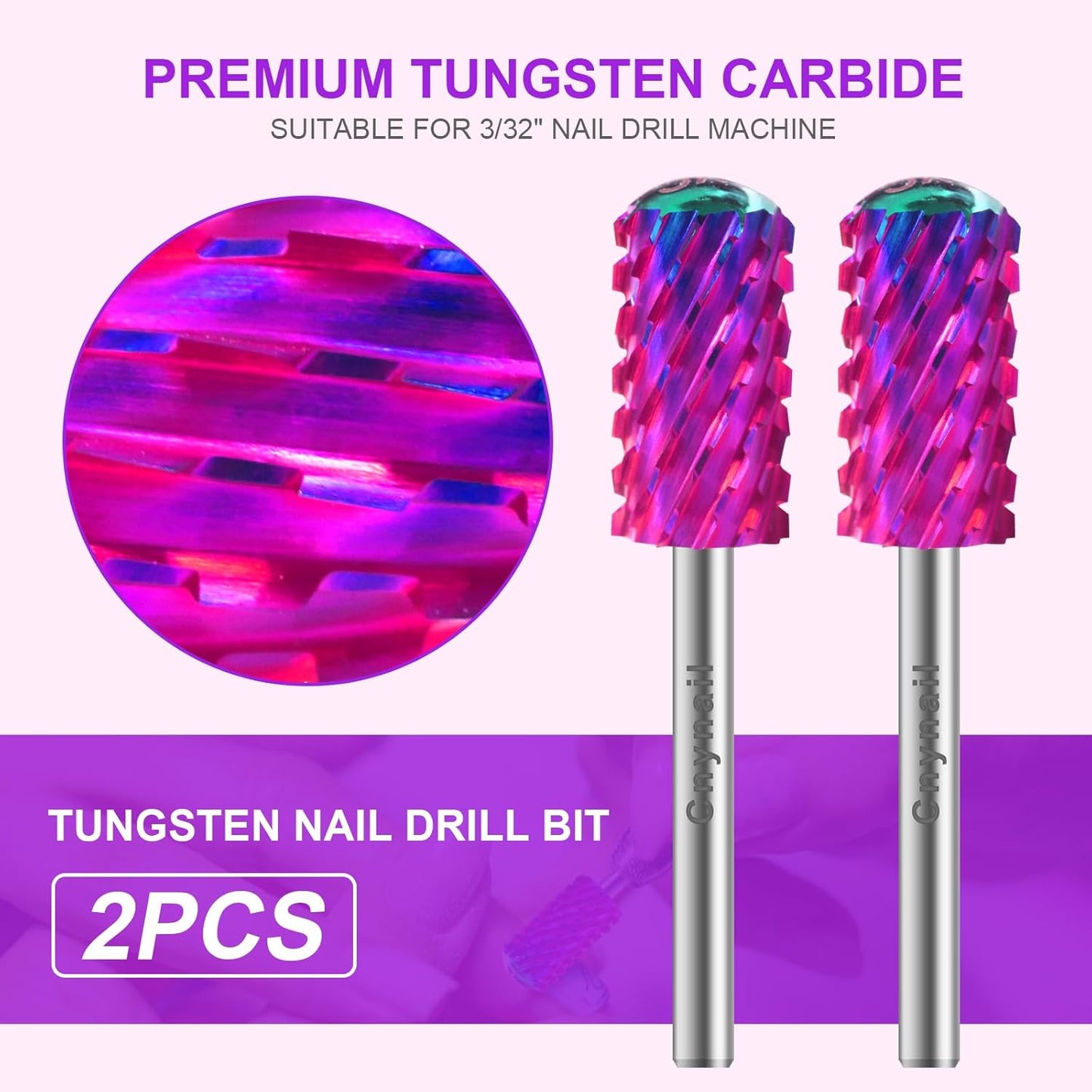 3/32" 2PCS Large Barrel Smooth Round Top Tungsten Carbide Nail Drill Bit Safety Bit for Gel & Acrylic Removal, 2-Way Rotating Efile Tip, Salon Electric File Accessory (3XC Grit, Purple)