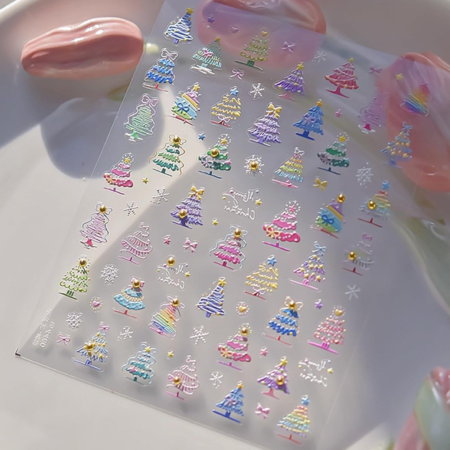 1 Sheet Cute Christmas Tree Nail Art Sticker 5D Embossed Colorful Christmas Tree with Gold Pearl Nail Sticker Decal Acrylic Nail Supplies for Women Girls DIY Nail Art Decoration