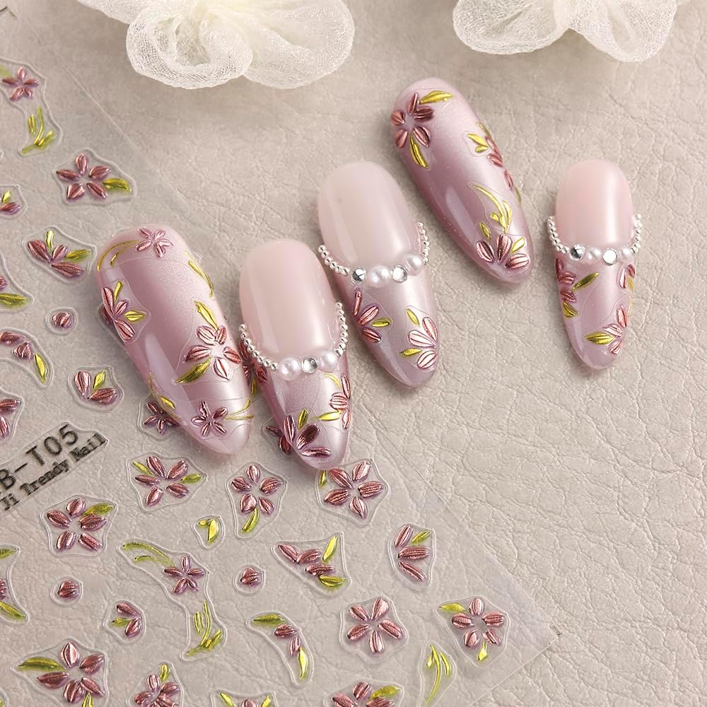 5 Sheets Bronzing Flower Nail Art Stickers Decals, Metallic Floral Leaf Plant 5D Embossed Nail Decals Self-Adhesive Nail Supplies Nail Art Design Decoration Accessories for Women and Girls