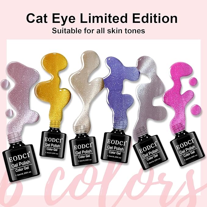 Cat Eye Gel Nail Polish, 6 Colors Jelly Flash for Holographic Glitter Cat Eye Gel with Magnet Stick, UV LED Curing Requires Soak Off Home Salon Manicure and Nail Art DIY at Home Diy