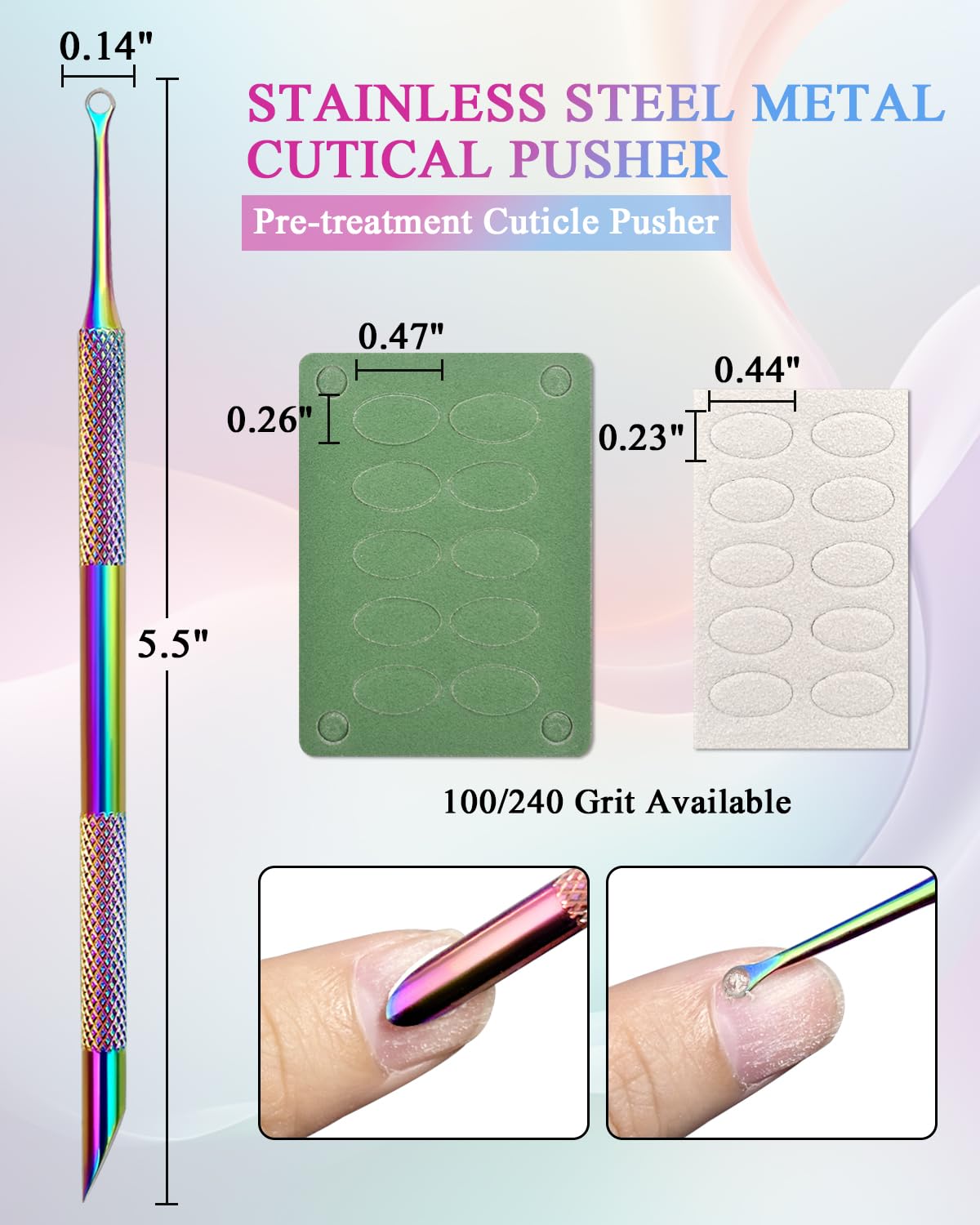 Dual Ended Cuticle Remover, Pre-treatment Cuticle Pusher with Loop Cuticle Pusher Removing, Stainless Steel Cuticle Nail Tool with 100#/240# Grit Nail Files and 1p Storage Bags, For Salon & Home Use