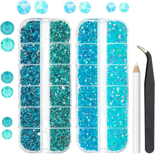 Blue Resin Rhinestones Bulk for Crafting 3mm 4mm 5mm Flatback Crystal Stones Non-Hotfix Aquamarine Blue Teal Blue Gems Diamonds Charms Supplies for Nails Eyes Face Makeup Crafts DIY Tumblers