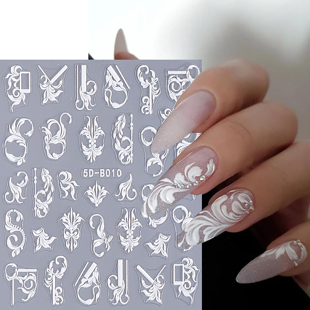 2 Sheets Embossed Flowers Nail Art Stickers Self-Adhesive White Vine Pattern Nail Supplies 5D Flower Nail Stickers for Nail Art Spring Floral Nail Decals for Women Girls DIY Nail Decoration