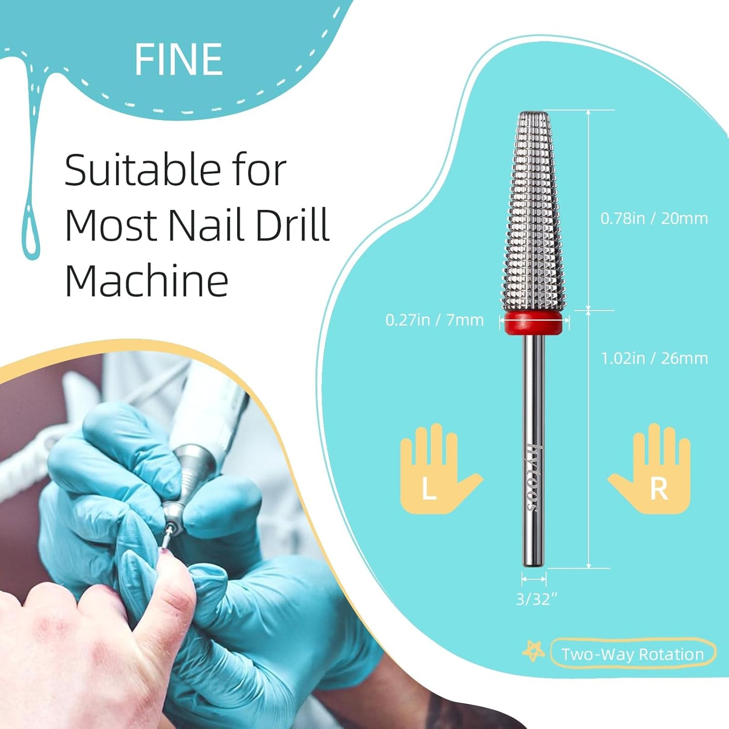 Fine Long 5 in 1 Nail Drill Bits, 20mm Tapered Carbide Nail Bit, Straight Cut Safety Drill Bits for Nails, 3/32 Two-way, Electric Manicure Drills Accessories