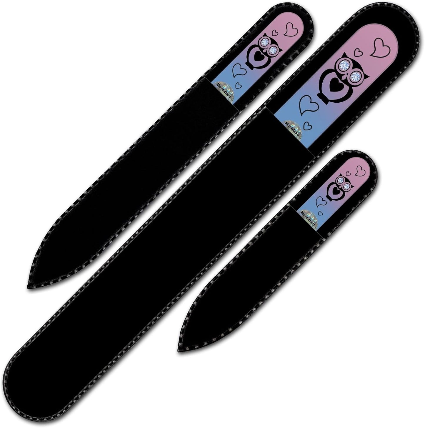 Mont Bleu Set of 3 Owls Crystal Nail Files hand decorated with crystals - Handmade - Czech Tempered Glass