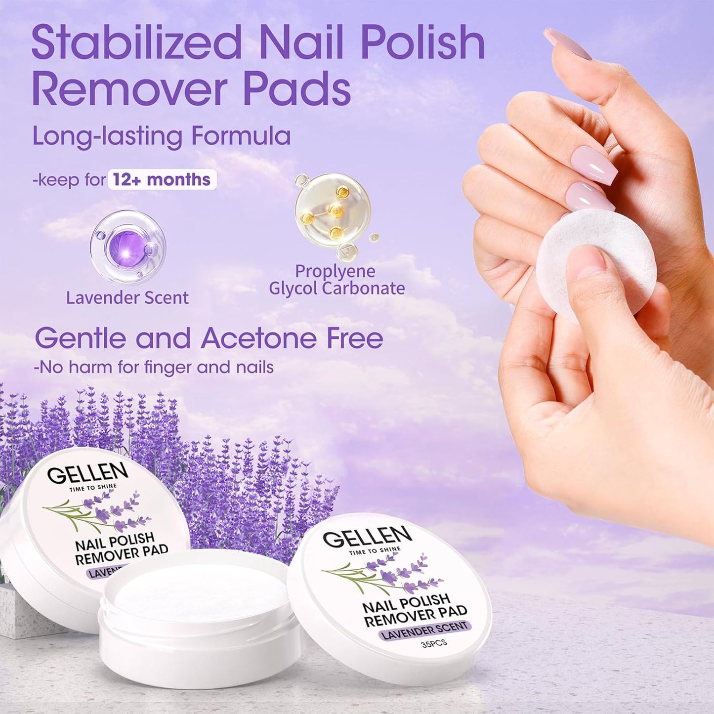 Gellen Nail Polish Remover Pads Acetone Free, Lavender Sent Nail Polish Remover Wipes for Fingernail Toenail, No Drying Formula,140pcs Travel Size Bulk Set, No Leakage, Long-lasting For 12+ Months