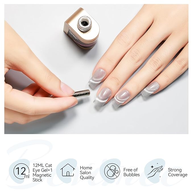 Cat Eye Gel Nail Polish, Silver Glitter Magnetic Cat Eye Nails With Magnet Stick, For Holographic Shimmer Cateye Effect, UV Velvet Nail Art Manicure Salon DIY Home, 12ML