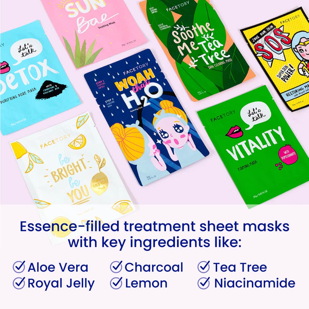 FACETORY K Beauty Face Mask Skin Care - BEST OF 7 COLLECTION Sheet Mask Set (14 pc) | Natural Premium Korean Face Mask For All Skin Types - No Sulfates No Parabens