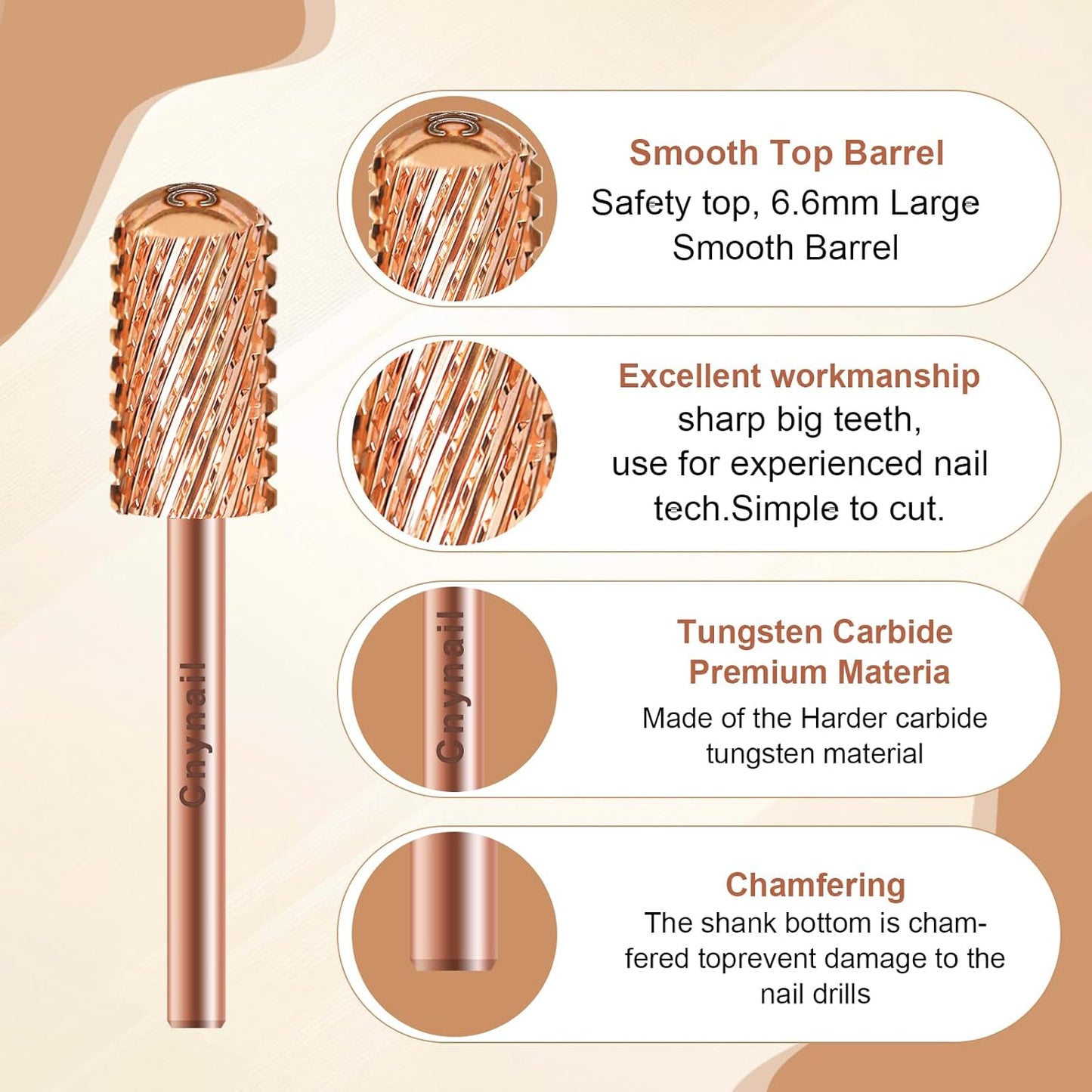 3/32" Large Barrel Smooth Round Top Tungsten Carbide Nail Drill Bit Safety Bit for Gel & Acrylic Removal, 2-Way Rotating Efile Tip, Salon Electric File Accessory (XC Grit, Rose Gold)