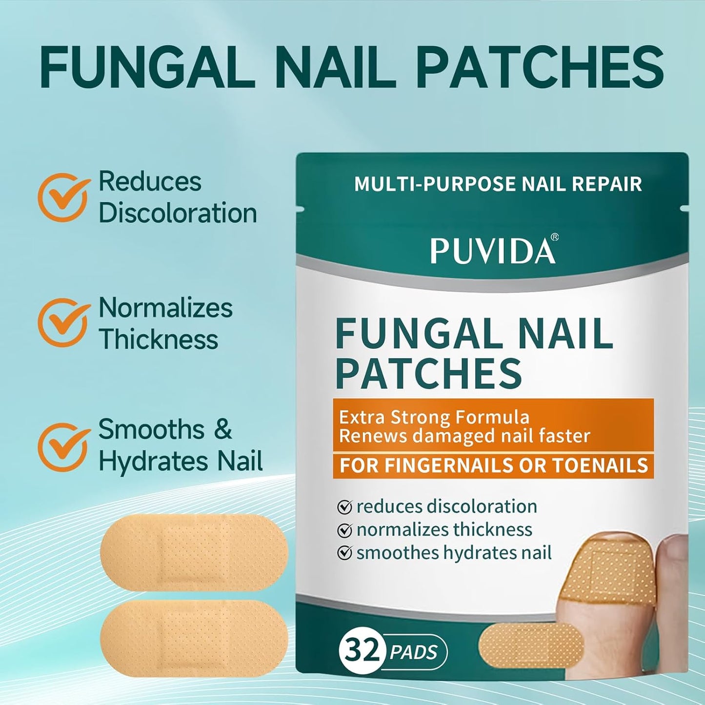 32 Pcs Fungal Nail Patches, Toenail Fungus Treatment Extra Strong Formula, Nail Repair for Damaged Nails, Overnight Renewal for Men and Women