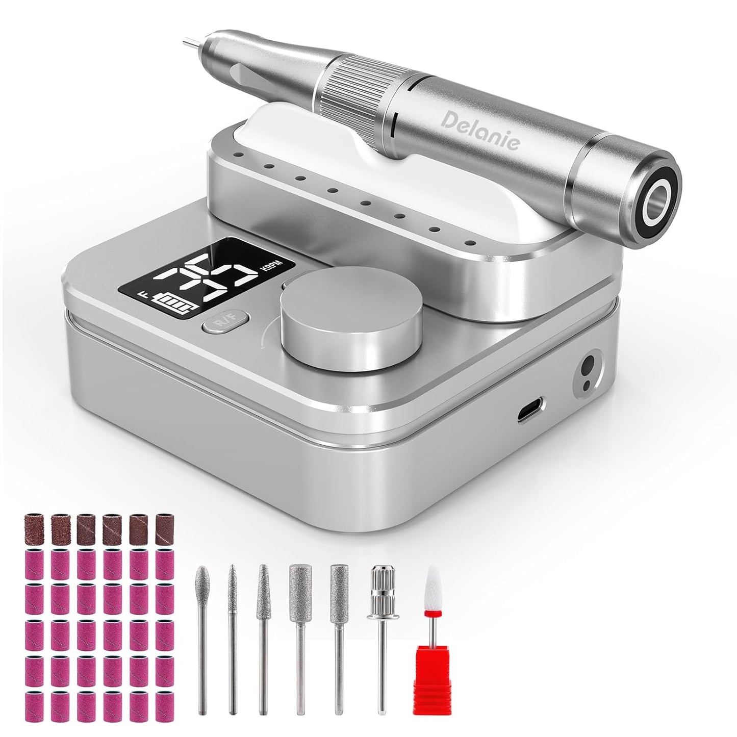 Delanie Professional Rechargeable Nail Drill Machine 35000 RPM - 901SE Electric E File Acrylic Gel Nail Filer Tool for Manicure with 7 bits and 36 Sanding Bands