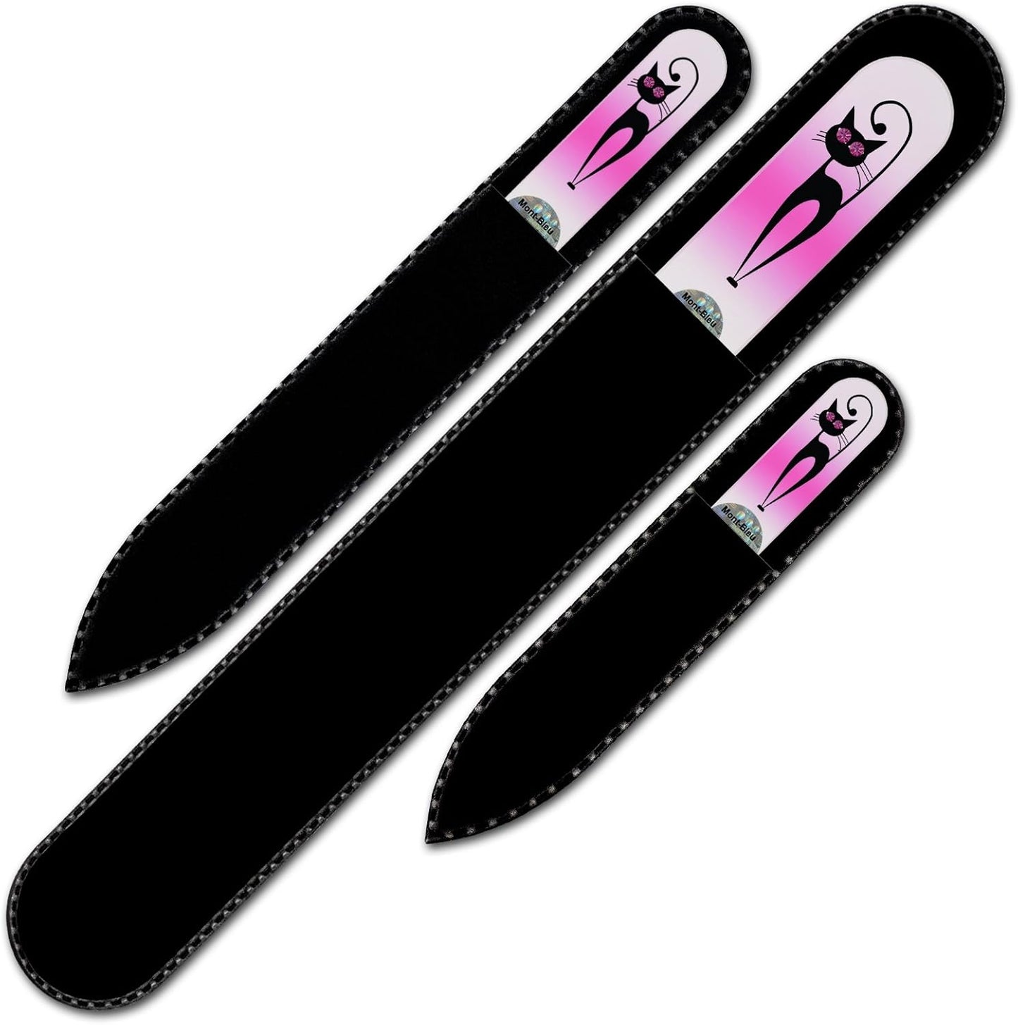 Mont Bleu Set of 3 Cats Crystal Nail Files Hand Decorated with Crystals from Swarovski® | Hand Made, Czech Tempered Glass, Lifetime Guaranty, Glass Nail Files for Natural Nails