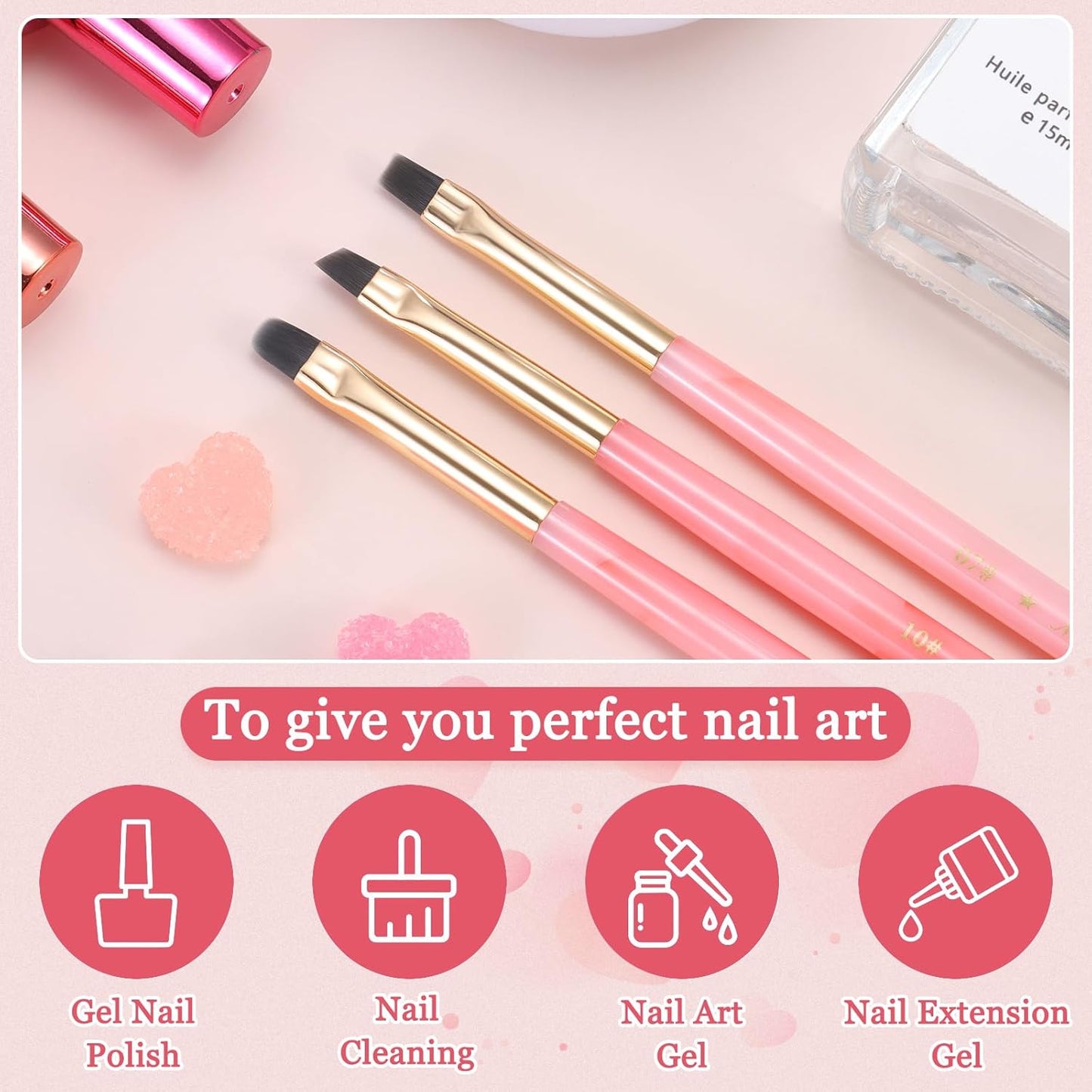 3PCS Nail Clean Up Brushes for OPI Nail Polish Remover, Brushes for Cleaning Polish Mistakes on the Cuticles, Acetone Resistant Nail Brushes for Nail Art and Designs（Jade Pink NEW）