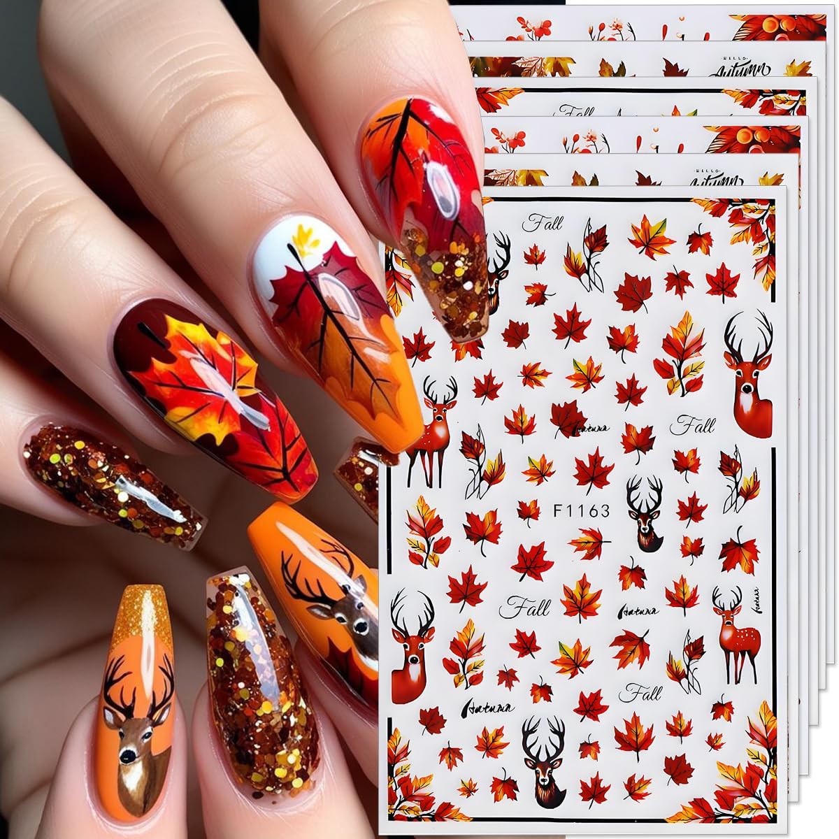 Fall Nail Art Stickers Autumn Maple Leaf Nail Decals 6PCS Autumn Leaves Deer Design 3D Self-Adhesive Nail Art Decorations Supplies Fall Stickers for Nails Women Thanksgiving Day DIY Manicure Decor