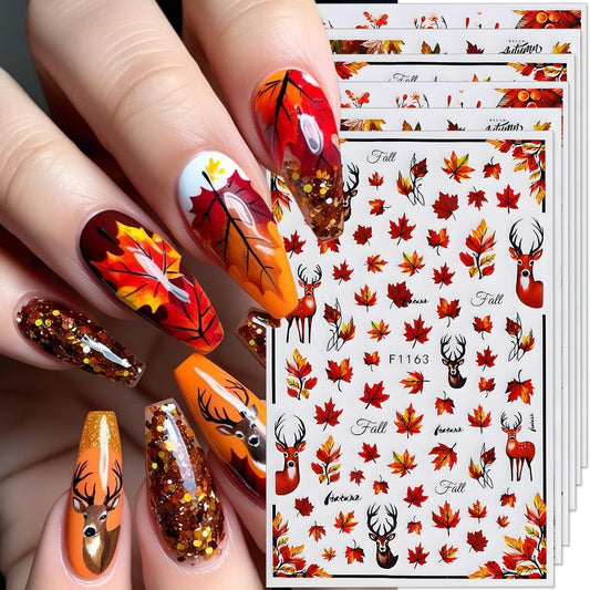 Fall Nail Art Stickers Autumn Maple Leaf Nail Decals 6PCS Autumn Leaves Deer Design 3D Self-Adhesive Nail Art Decorations Supplies Fall Stickers for Nails Women Thanksgiving Day DIY Manicure Decor