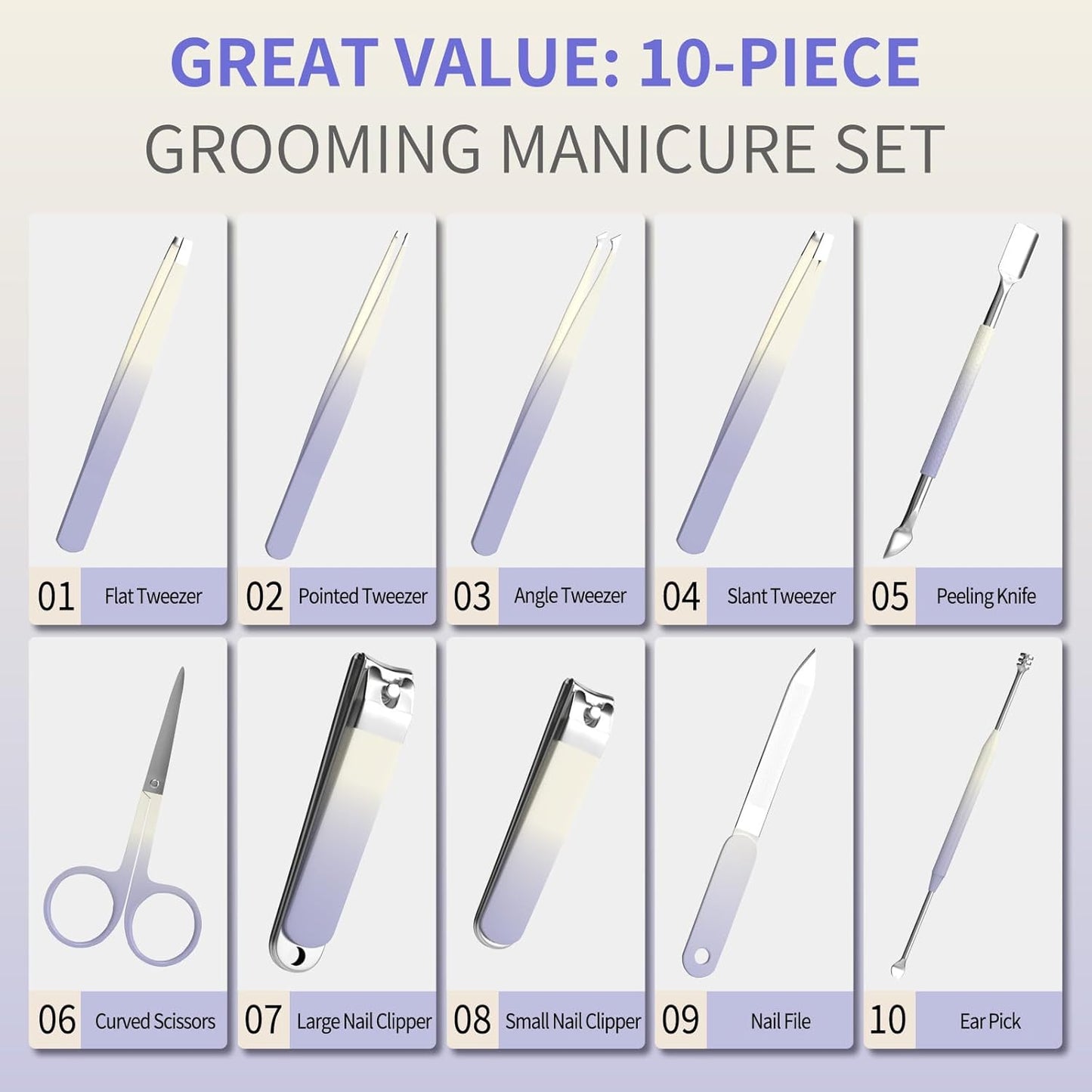Manicure Set 10 in 1 Stainless Steel Nail Clippers Scissors Tweezers Grooming Kit with Travel Case (Purple)