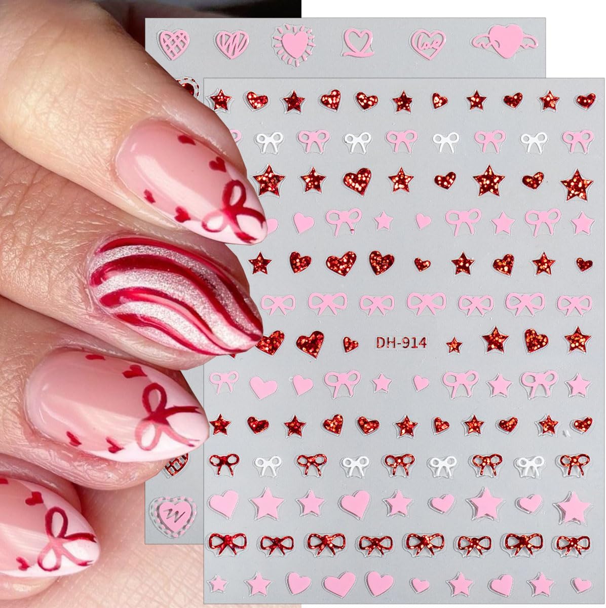10 Sheets Valentines Nail Stickers Hollow Hearts Nail Decals 3D Self Adhesive Pink Red Bow Peach Heart Shaped Nail Art Stickers French Heart Nail Decorations for Women DIY Nail Art Designs Supplies