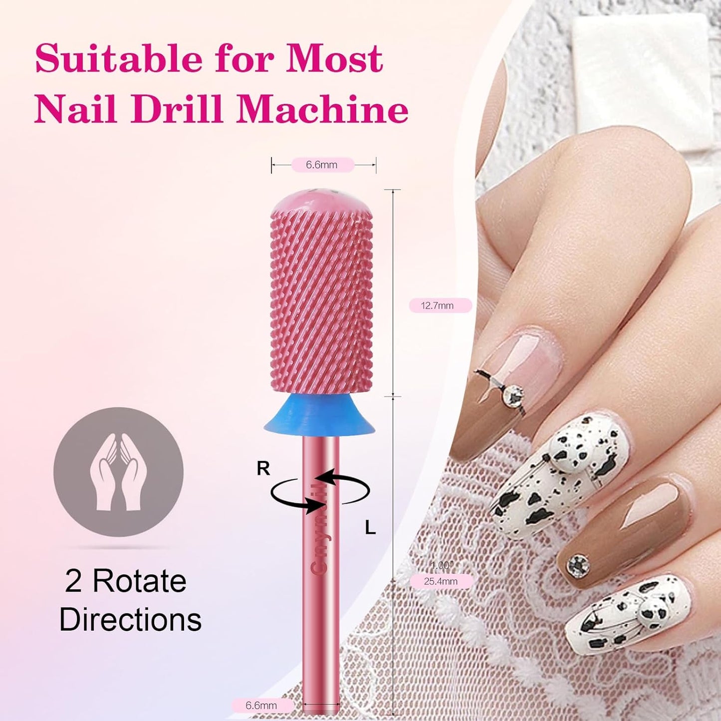 3/32" Large Barrel Smooth Round Top Tungsten Carbide Nail Drill Bit Safety Bit for Gel & Acrylic Removal, 2-Way Rotating Efile Tip, Salon Electric File Accessory (M Grit, Rose Red)