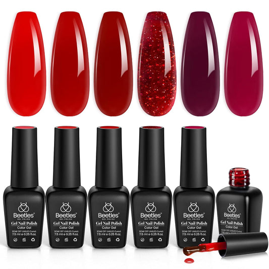 Beetles Red Jelly Gel Nail Polish Set - Luminous Ruby Jelly Gel Polish, 6 Colors Burgundy Red Gel Nail Kit Neutral Sheer Translucent Effect Soak off UV DIY Salon Manicure Gift for Women