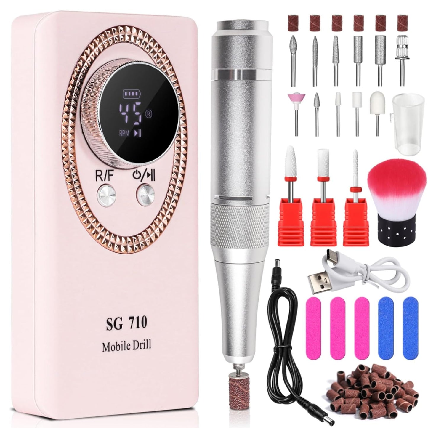 Electric Nail File for Acrylic Nail Kit, 45000RPM Electric Nail Drill Professional Manicure Pedicure Set with Nail Drill Kit Bits, Efile Cordless for Manicure