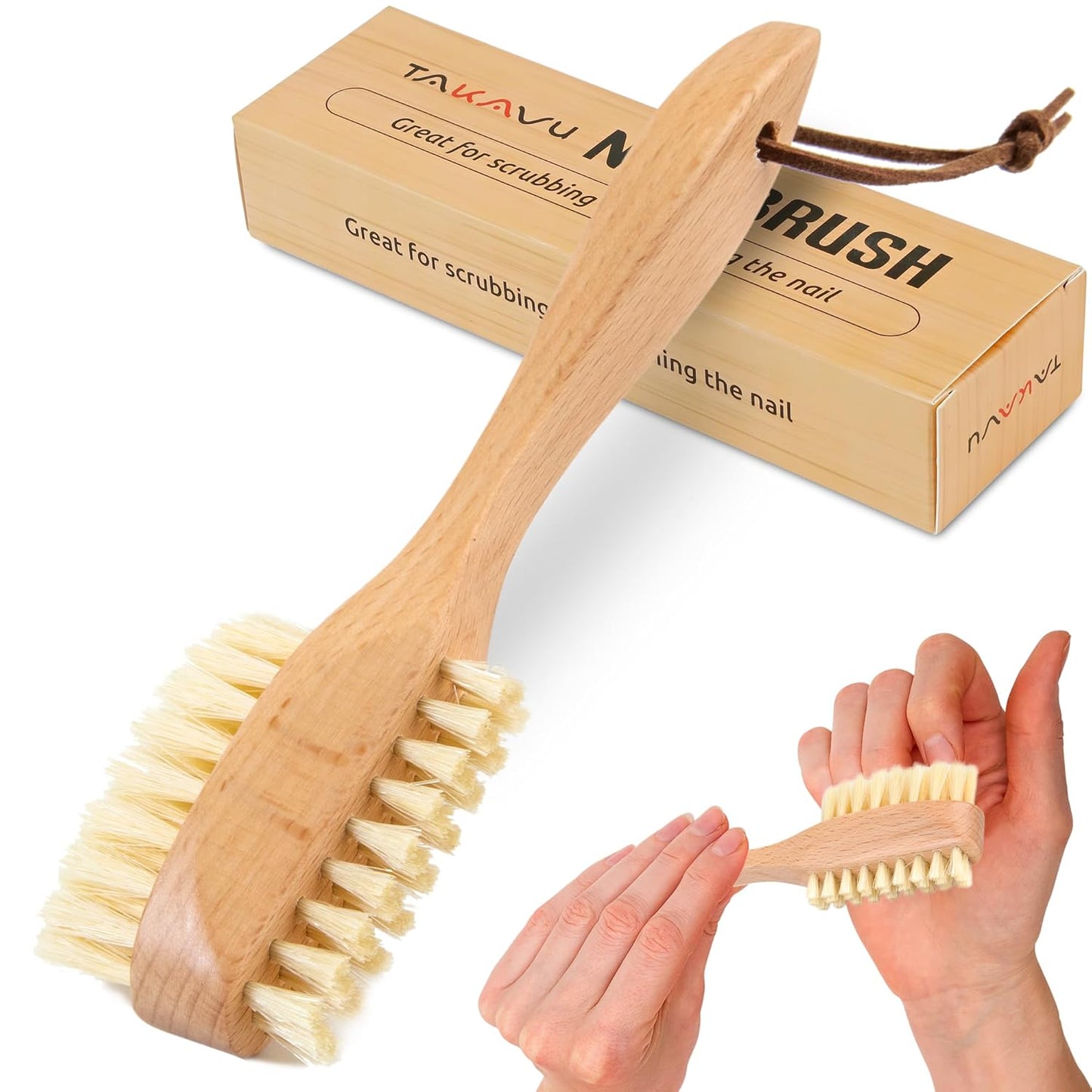 Takavu Nail Brush, Pure Boar Bristles, Natural Wood Handle, Nail Cleaning Brush for Scrubbing Fingernail Toenail Hand Feet, Dual Sided for Regular Manicure Nail Care Hygiene