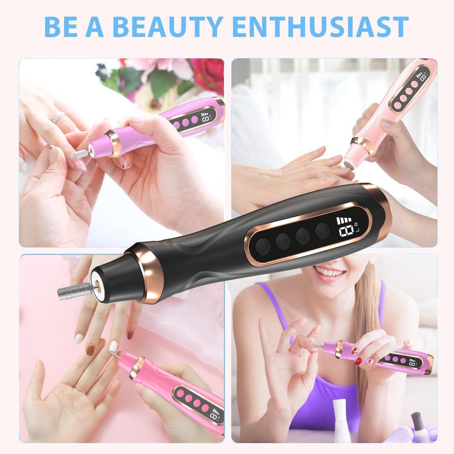Professional Manicure Pedicure Kit Cordless Electric Nail File Set 6 Speed Cordless Nail Drill for Thick Nail Toenail Cuticle Hand Foot Care Nail Drill Tool(Black)
