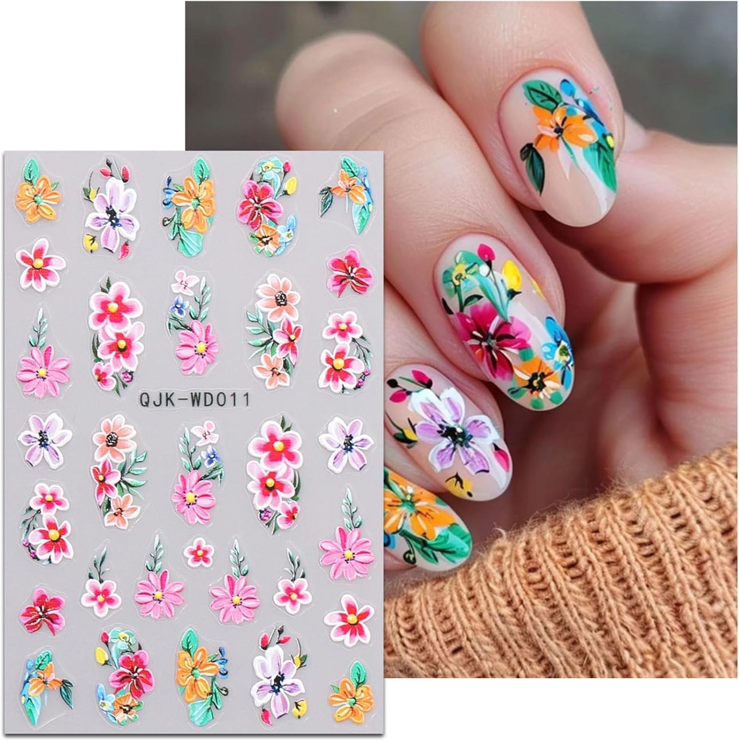 JMEOWIO 6 Sheets Flower Nail Art Stickers Decals Self-Adhesive Spring Summer Floral Nail Supplies Nail Art Design Decoration Accessories