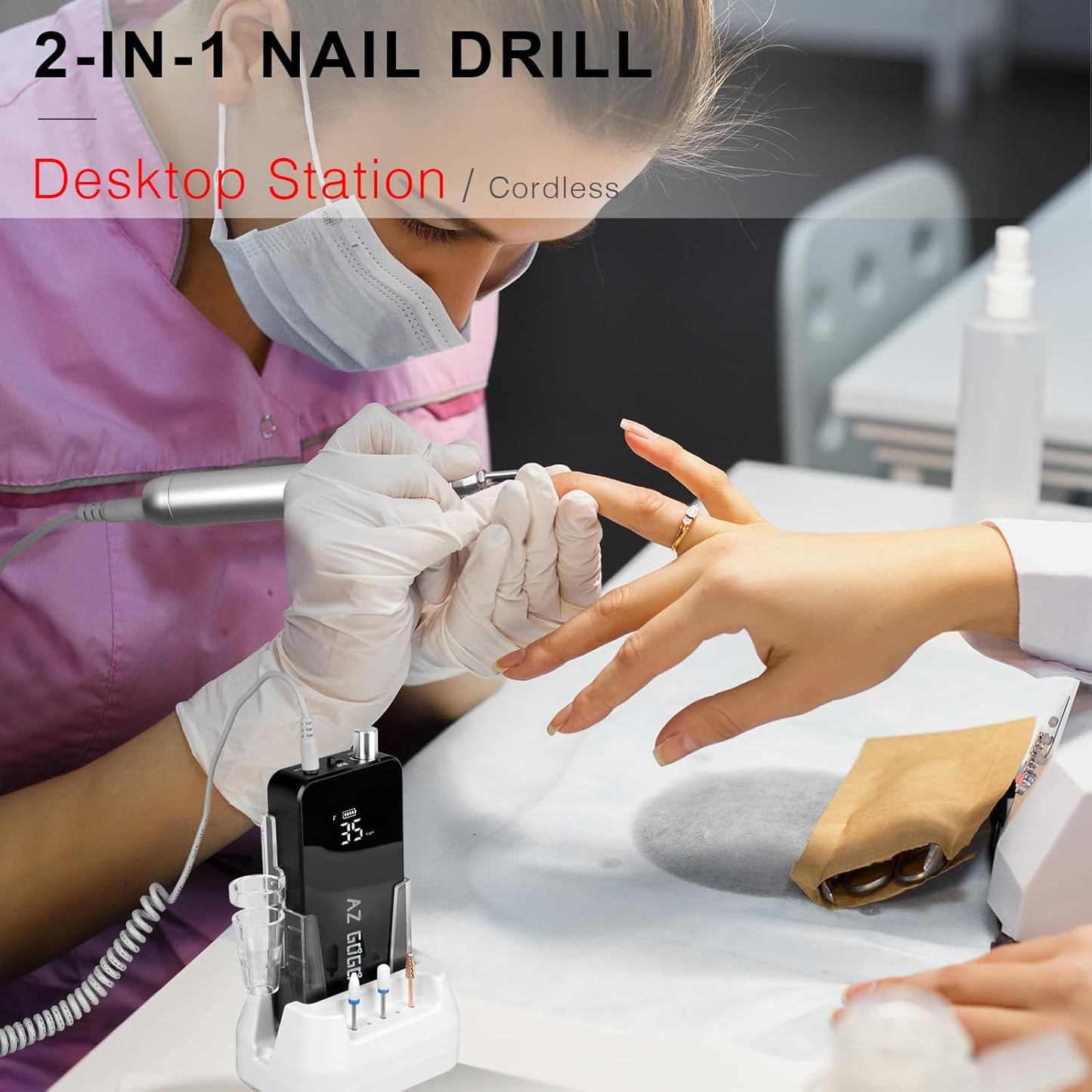 AZ GOGO Nail Drill Machine, 35000RPM Rechargeable Professional Portable Nail Drills for Acrylic Gel Nails - Low Noise & Low Vibration Coreless Motor E-File (Black)