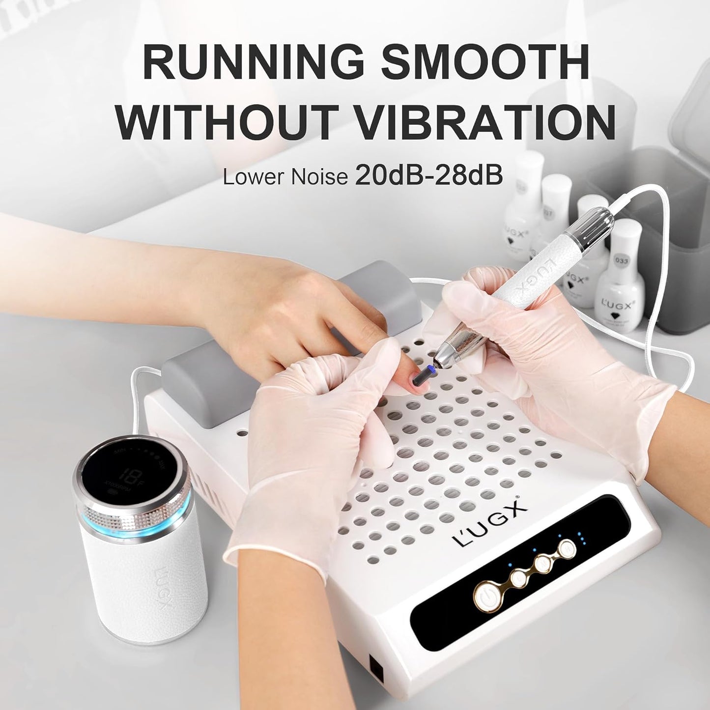L'UGX Professional Nail Drill, Waterproof 35000RPM Brushless Nail Drill Machine, Rechargeable Nail Efile for Acrylic Gel Nails, Low Noise and Low Vibration, White