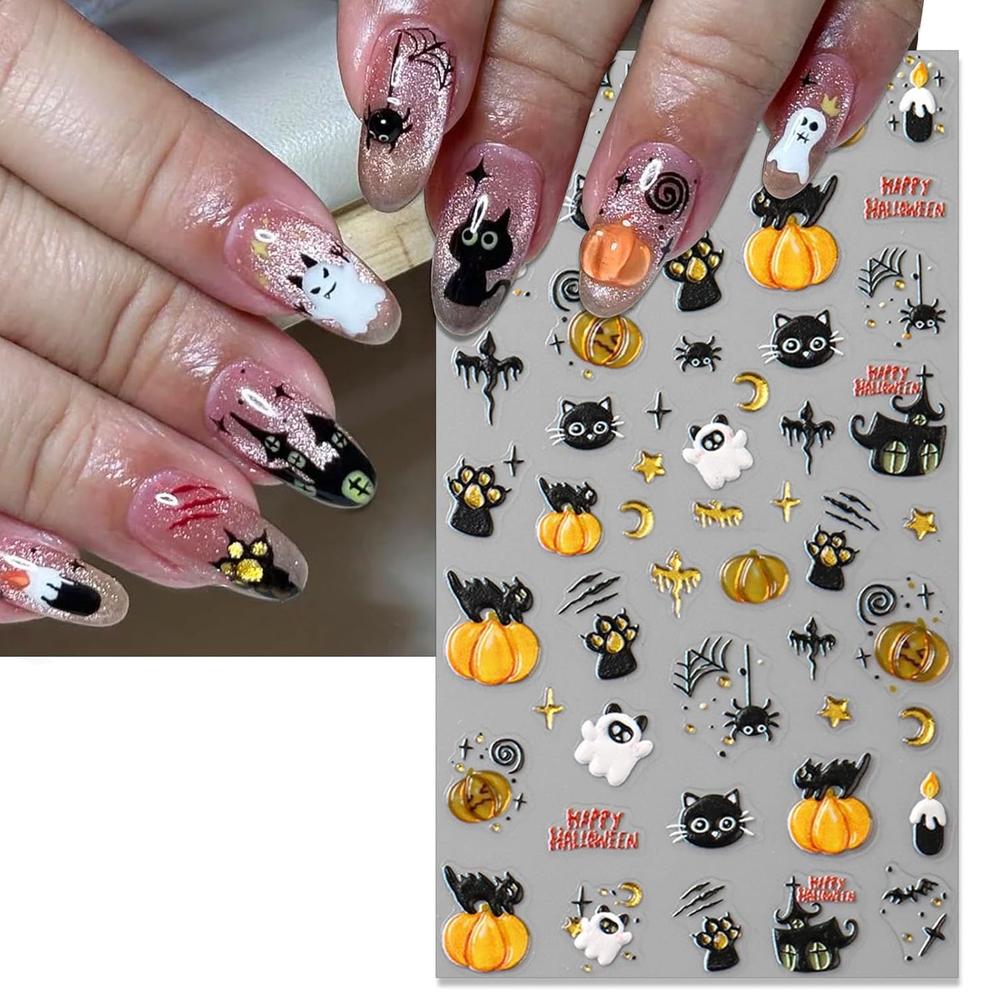 Halloween Spooky Nail Stickers, Embossed Ghost Black Cat 5D Self-Adhesive Nail Art Decals for DIY Cute Pumpkin Manicure (2 Sheets)
