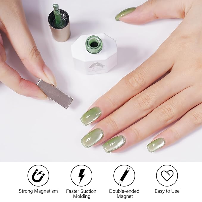 AILLSA Glass Cat Eye Gel Nail Polish, 15ml Green Glitter Jelly Sheer Polish, Translucent Magnetic Shimmer Sparkle St. Patrick's Day Nail Art U V Gel Salon 0.5 OZ GF41
