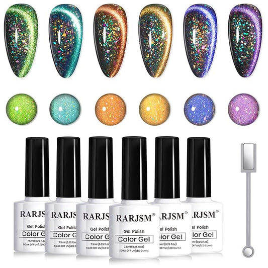 RARJSM Cat Eye Gel Nail Polish Set 6pcs 9D Rainbow Holographic Peacock Flakes Sparkle Cateye Glitter Green Blue Light Purple Orange Gel Polish with Magnetic Stick UV LED Curing Requires Soak Off