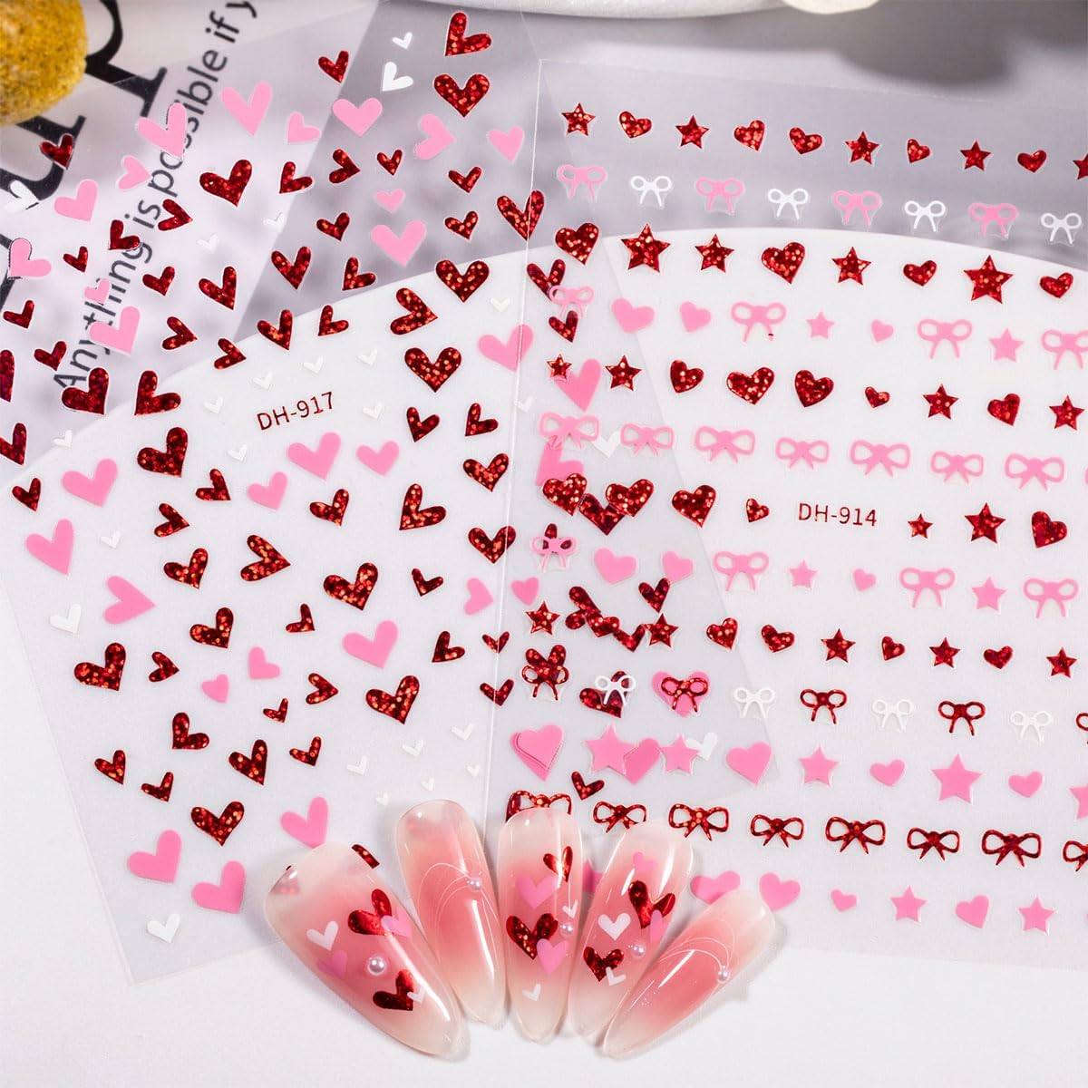 10 Sheets Valentines Nail Stickers Hollow Hearts Nail Decals 3D Self Adhesive Pink Red Bow Peach Heart Shaped Nail Art Stickers French Heart Nail Decorations for Women DIY Nail Art Designs Supplies