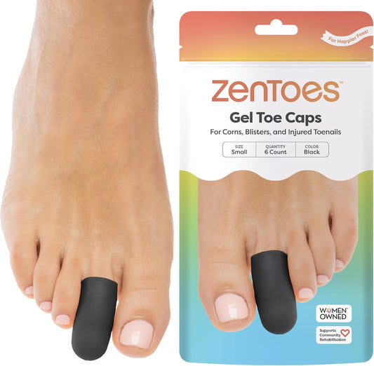 ZenToes 6 Pack Gel Toe Cap and Protector - Cushions and Protects to Provide Relief from Missing or Ingrown Toenails, Corns, Blisters, Hammer Toes (Small, Black)