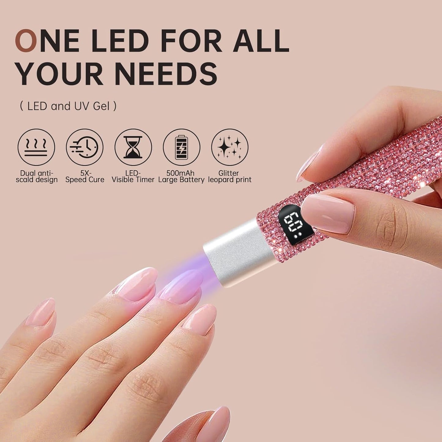 Handheld UV Light for Gel Nails,Mini LED Cordless Nail Lamp for Gel Nail Polish,Portable Flash Cure Lamp,Rechargeable USB Nail Dryer with LCD Display Fast Curing (Pink Diamond)