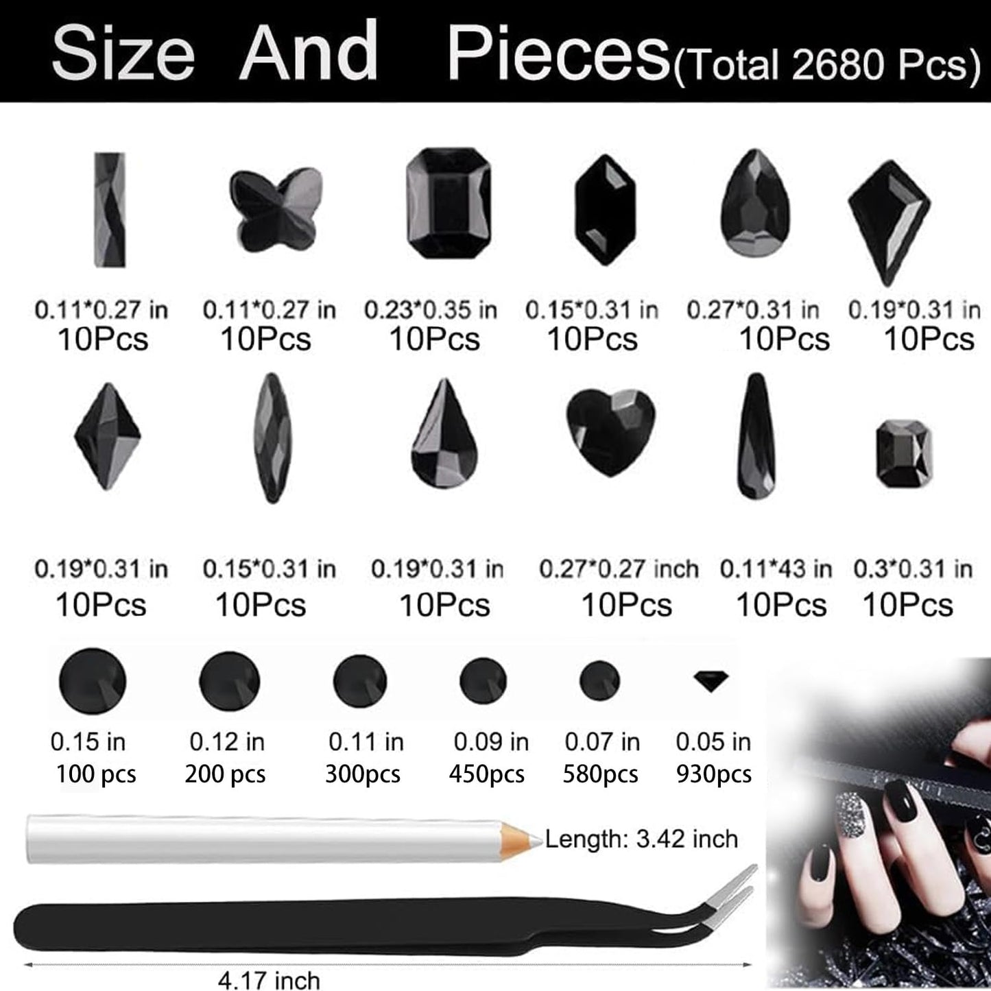 2680Pcs Black Rhinestones Nail Gems, 120pcs Big Black Nails Charms with Bling Flatback Round Beads, Light Black Clear Diamond Stones Jewelry Supplie for DIY Face Eyes Makeup Crafts Decoration
