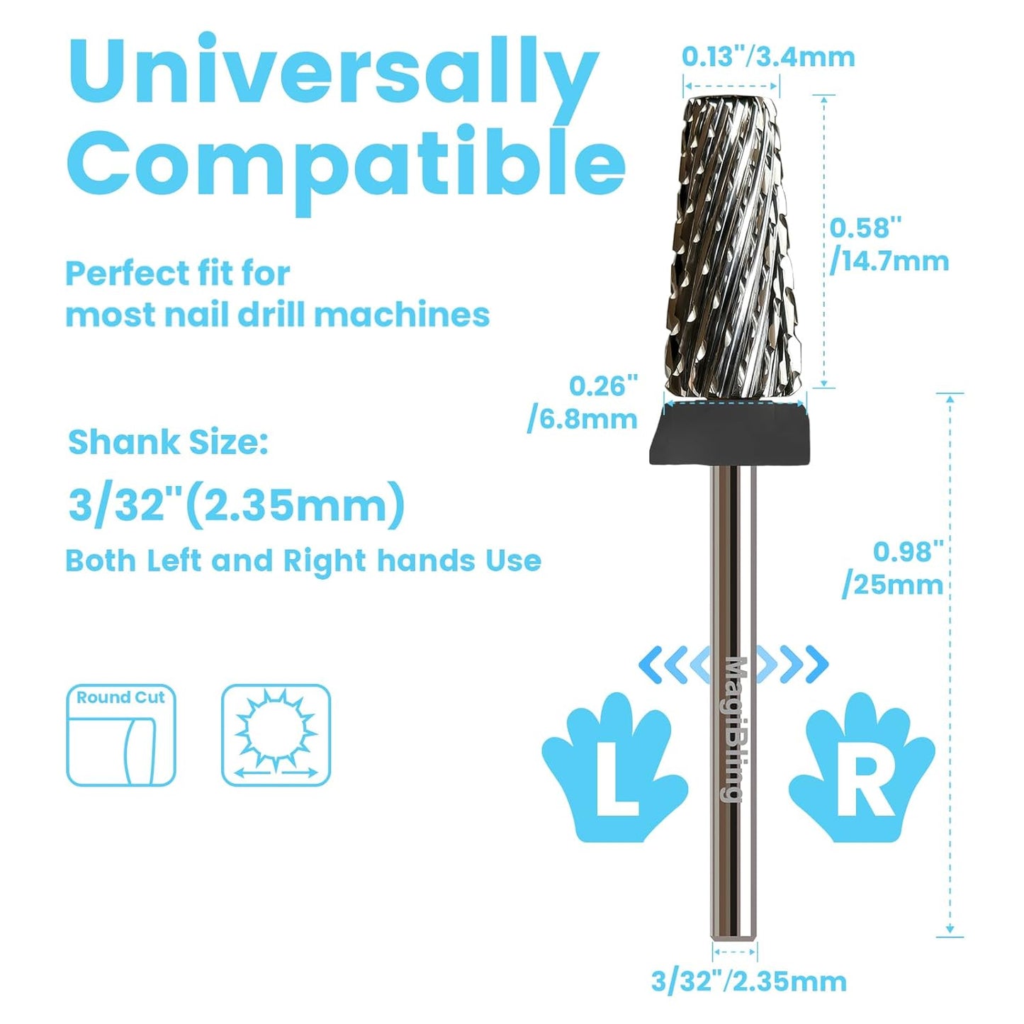 Cross Cut 5 in 1 Tapered Barrel Nail Drill Bits, Professional 3/32'' Safety Tungsten Carbide Bits, Two-way Rotation, Manicure Pedicure Cuticle Gel Removal Polishing, Extra Coarse.