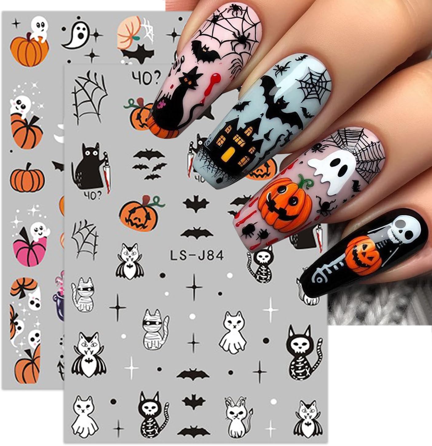 6 Sheets Halloween Nail Art Stickers 3D Cute Ghost Nail Decals Pumpkin Skull Cat Spooky Spider Web Bat Self-Adhesive Design Gothic Nail Stickers Nail Art Supplies for Women Acrylic Nails Decorations