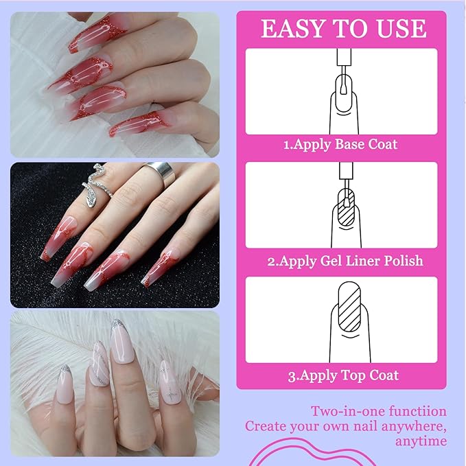 Reflective Glitter Nail Art Gel Liner Set, 12 Colors Shiny Pink Purple Yellow Green Glitter Gel Polish for Swirl French Tip Painting Designs Soak Off Built Thin Brush DIY Nail Starter Kit