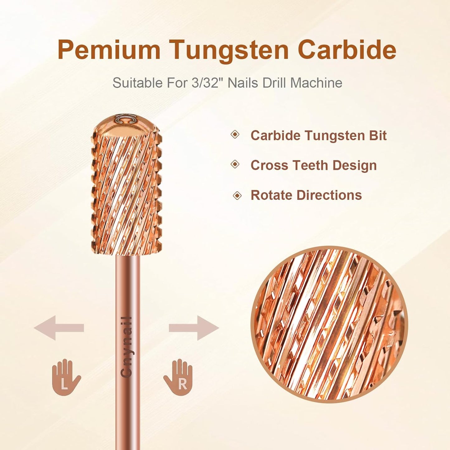 3/32" Large Barrel Smooth Round Top Tungsten Carbide Nail Drill Bit Safety Bit for Gel & Acrylic Removal, 2-Way Rotating Efile Tip, Salon Electric File Accessory (XC Grit, Rose Gold)