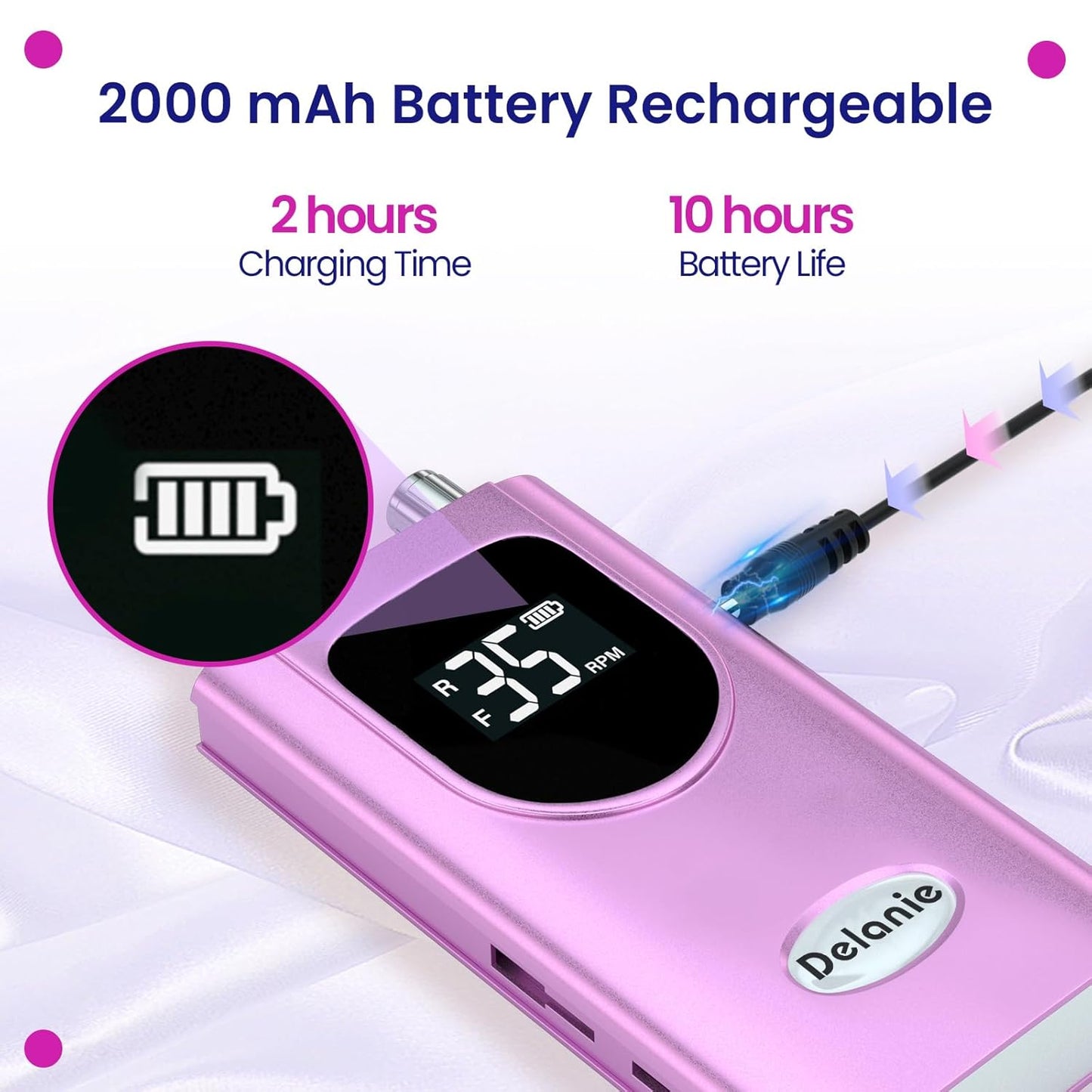 Delanie Electric Nail Drill Professional 35000 RPM Rechargeable Portable E-File for Nail Tech, Violet