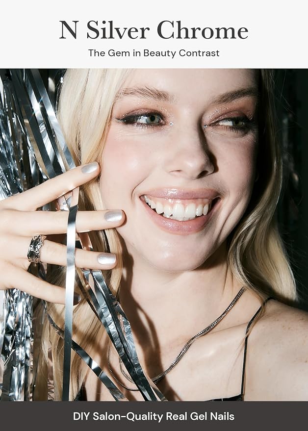 ohora Semi Cured Gel Nail Strips (N Silver Chrome) - White, Metallic, Works with UV/LED Lamps, Salon-Quality, Long Lasting, Easy to Apply & Remove - Includes 2 Prep Pads, Nail File & Wooden Stick